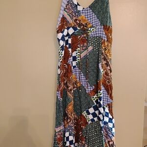 Patchwork Midi Dress in Green, Rust & Navy